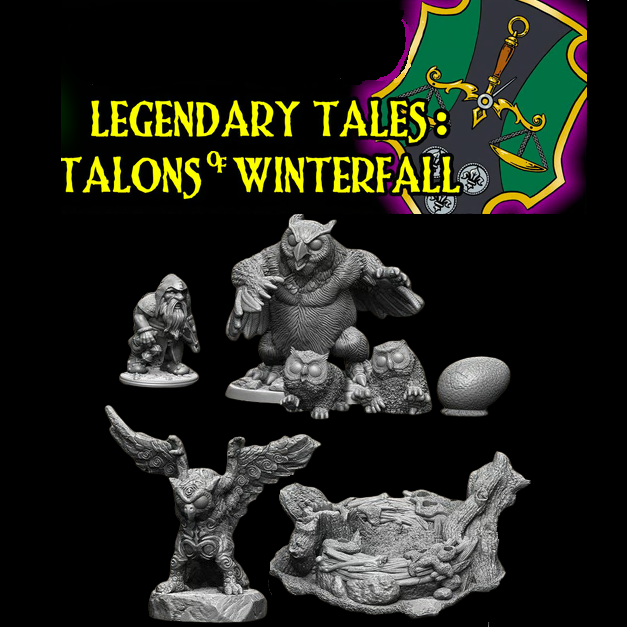 Talons Of Winterfall miniatures from Reaper Miniatures. This is an unboxed, not in retail packaging miniatures representing an owlbear family with a totem, baby owlbears, nest and hunter for your tabletop games, RPGs, collection or painting projects