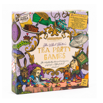 The Mad Hatters Tea Party Games. a box with lilac background, images of the mad hatter, Alice and the march hare sat down 