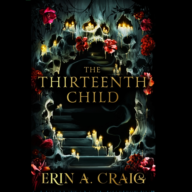 The Thirteenth Child novel. A dark stairway leads up the front of the book framed by skulls, lit candles and red flowers in a subtle dark fantasy way