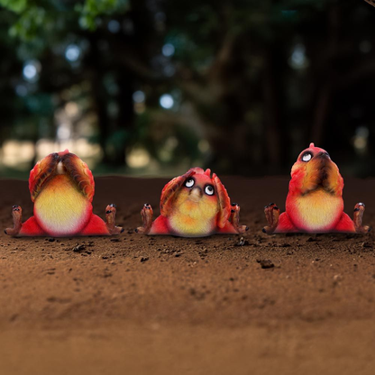 Three Wise Birds figurines. A super cute set of See No Evil,& Speak No Evil, Hear No Evil red birds