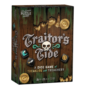 Traitor’s Tide. a boxed game with wooden plank decoration, gold coins and a skull 