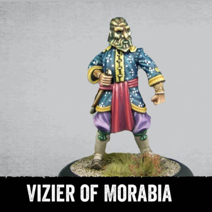 Vizier of Morabia by Crooked Dice, a 28mm scale metal miniatures depicting a male hero wearing a mask, boots, sash and standing tall with one hand on the knife by his hip 