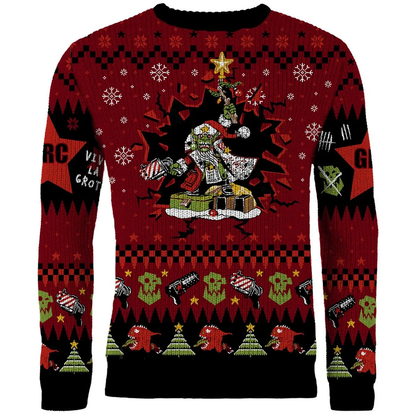 Warhammer 40k Red Gobbo Christmas jumper knitted jumper featuring the Warhammer 40000 Gobbo bursting through the centre as well as red squigs and Christmas trees along the bottom.