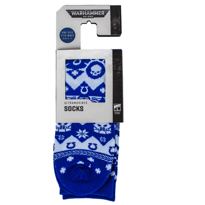  Warhammer 40k Ultramarines socks. These blue and white socks feature signature Space Marine pattern detail in a cardboard hanging display