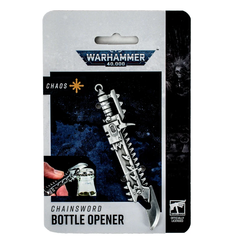 An officially licensed Warhammer Chaos Chainsword bottle opener fashioned in the likeness of a fearsome chainsword on a backing card