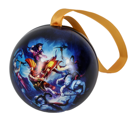 An officially licensed Warhammer tree decoration. Soulslayer bauble in purples and blues featuring Soulslayer image and gold ribbon hanger