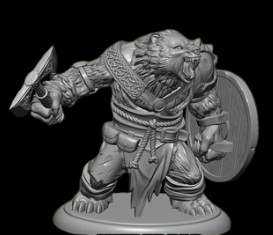 Werebear from Reaper Miniatures. An unboxed / not in retail packaging humanoid bear carrying an axe in one hand and a shield in the other with its mouth open in a characterful pose from the Bones6 kickstarter for your roleplaying games (RPG), painting, collecting and gaming needs