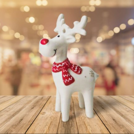 A super cute glossy white reindeer with classic red nose, red and white scarf and snowflake cutie mark. Add a touch of festive charm to your holiday decoration with this adorable little ornament