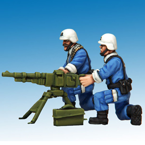 Minion HMG Team by Crooked Dice, a set of two 28mm scale metal miniatures depicting henchmen wearing white helmets and blue boiler suites, both on one knee to man a heavy machine gun