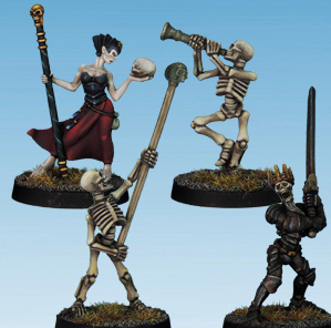 Skeleton Command by Crooked Dice, a set of four 28mm scale metal miniatures depicting undead warriors and a female necromancer. One skeleton is playing a musical instrument with its mouth, one holds a pole up high, another is wearing full armour and a gold crown while holding a large sword and a female necromancer holding a skull to her side and looking into its eye sockets