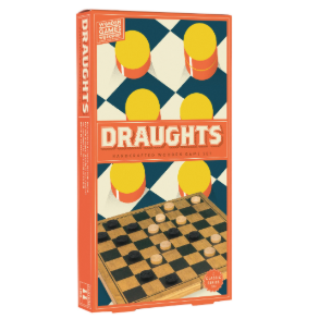 A wooden draughts set. Orange long tall box with checkered draughts board and large yellow stylised circles representing draughts 