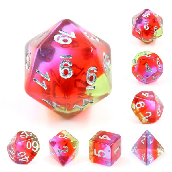 Aurora Pomegranate Blossom Poly Dice Set, a set of rich pomegranate red, yellow, blue and pink stripe rainbow dice