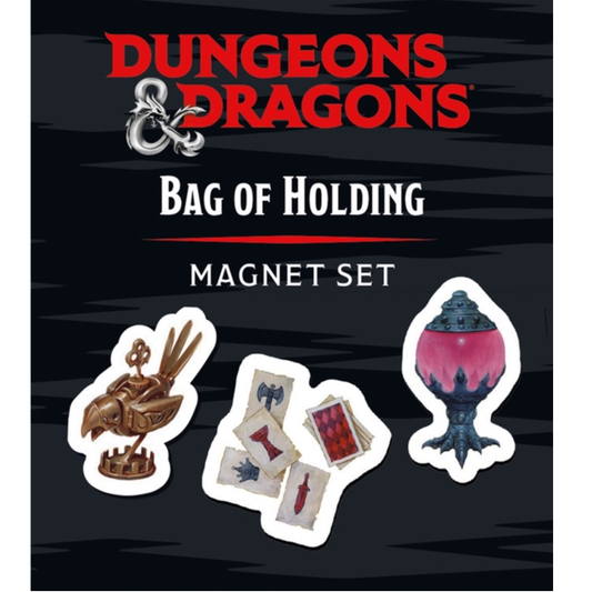 A officially licensed Dungeons & Dragons bag of holding magnet set and mini book, making a great gift for a Dungeons and Dragons fan.