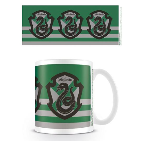 A white mug with the Slytherin g...