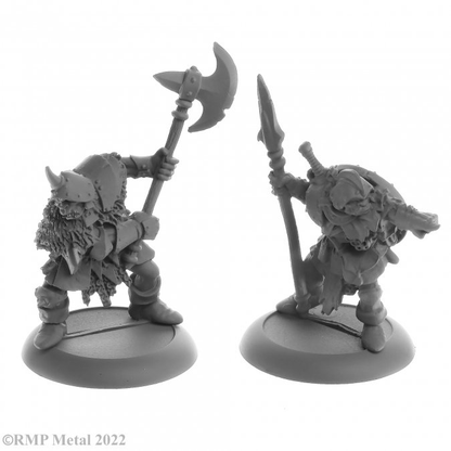 Orc Warriors from the Dark Heaven Legends metal range by Reaper Miniatures sculpted by Bobby Jackson.  A pack of two metal Orc miniatures for your gaming table, one holding a spear and pointing the other with an axe in a fighting stance. 