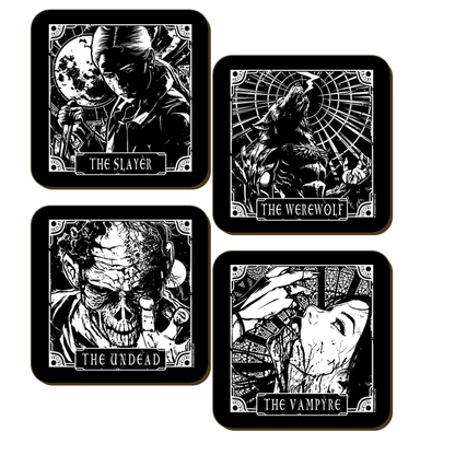 Set of four square monochrome coasters featuring The Slayer, The Werewolf, The Undead and The Vampyre with wonderful art work