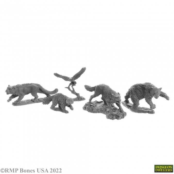 A pack of 5 animal companions from the Bones USA Dungeons Dwellers range by Reaper Miniatures sculpted by Julie Guthrie. This pack contains various animal companions including bird of prey, bear and wolf