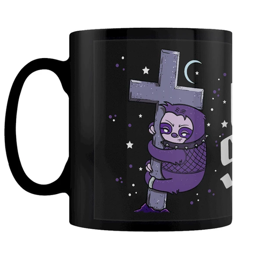 A black mug featuring a purple, ...