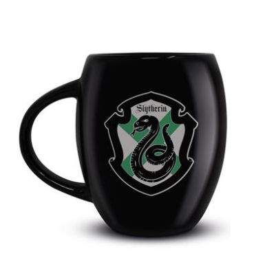 This black mug has the house crest for Slytherin on one side and the school tie colours on the other