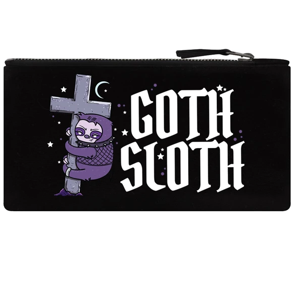 This black pencil case features a purple sloth hugging a cross design on the front and the words Goth Sloth in white writing and zip fastening