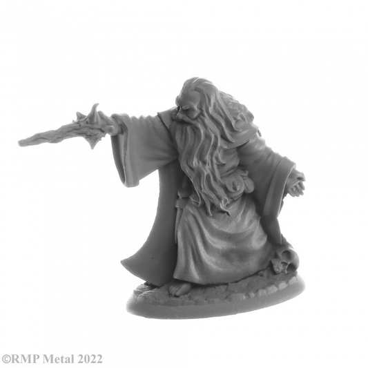 Erebus Nalas from the Dark Heaven Legends metal range by Reaper Miniatures sculpted by Bobby Jackson.  A male sorcerer wearing robes, with long hair and beard, no shoes casting a spell in a fighting stance