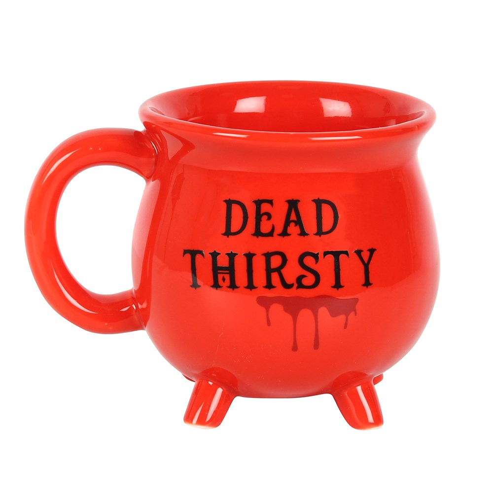 red Cauldon mug with the words 'Dead Thirsty' in black and red blood drip detail.