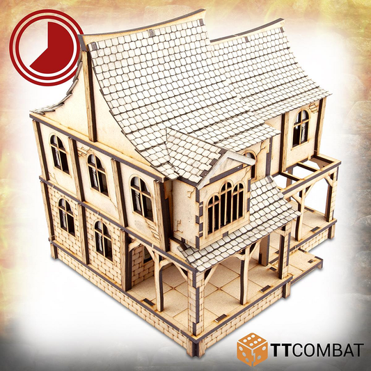 An MDF tavern for your gaming table from TT Combat. This kit lets you build a steep pitched roofed and angled wall tavern in which each section can be removed and the interior is fully playable.