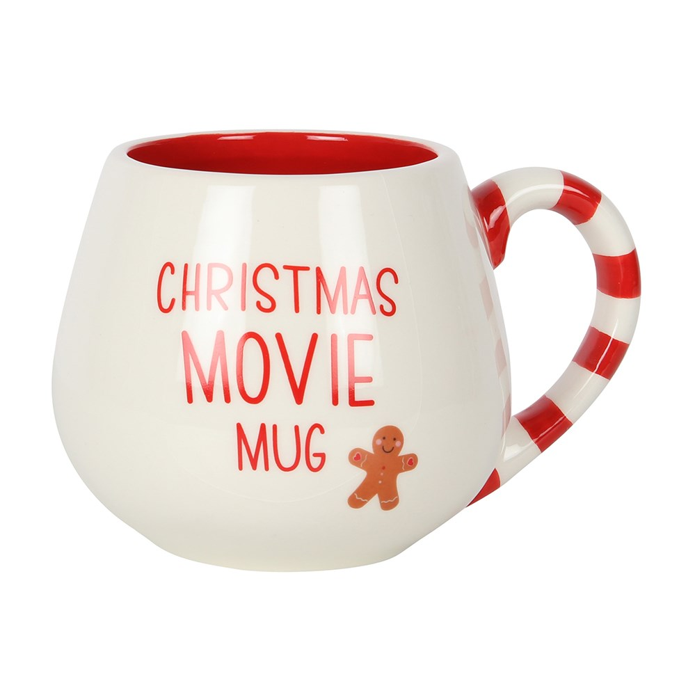 white rounded mug features a red and white stripe handle, the words 'Christmas Movie Mug' in red and a smiley gingerbread character.