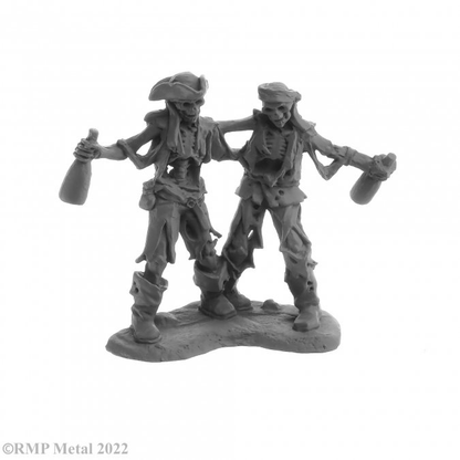 Drunken Skeletons from the Dark Heaven Legends metal range by Reaper Miniatures sculpted by Bob Ridolfi. Two skeleton crew mates with a bottle each in hand and holding each other