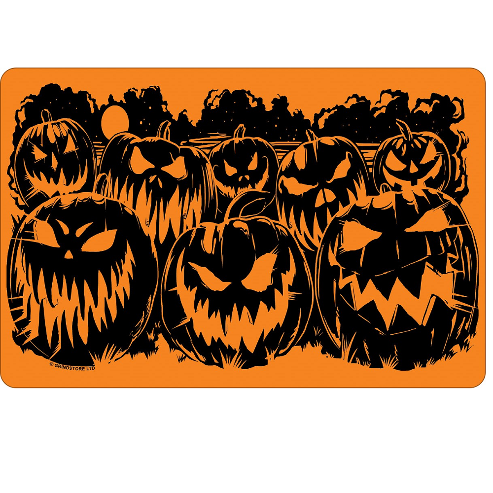 An orange sign with black evil grinning pumpkins