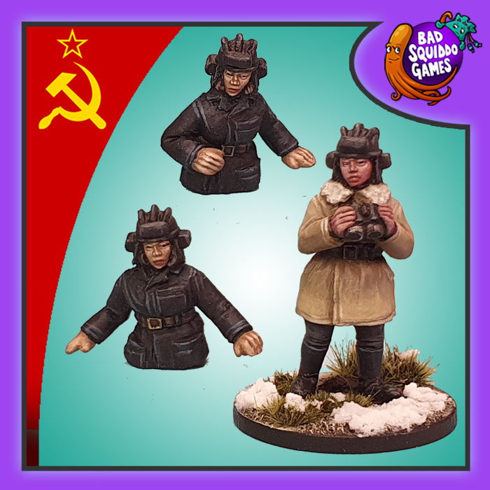 Soviet Tankers Winter is a pack of three metal miniature depicting female soviet tankers in winter attire, two are top body only to appear from the hatch in your tanks and the third holds a pair of binoculars from the women of world war 2 range by Bad Squiddo Games,