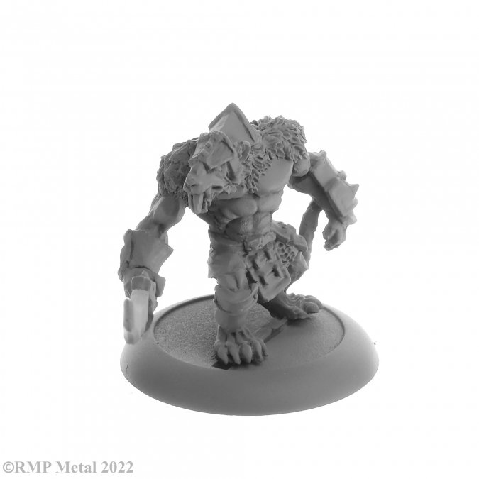 Wererat Boss from the Dark Heaven Legends metal range by Reaper Miniatures sculpted by Ben Siens.  A metal wererat miniature holding a sword and wearing armour