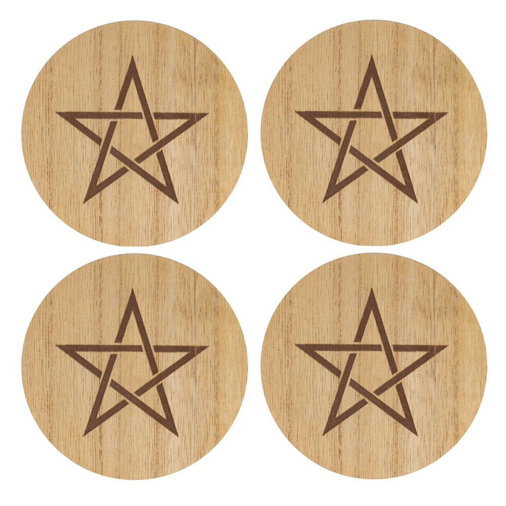 Kitchen Witch pentagram set of 4 coasters. These round wooden coasters are engraved with a pentagram design