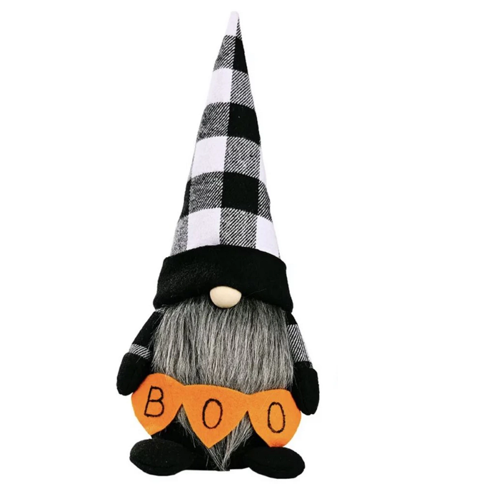 Halloween Gonk. black and white check tall hat, grey beard and holding an orange banner that says Boo.