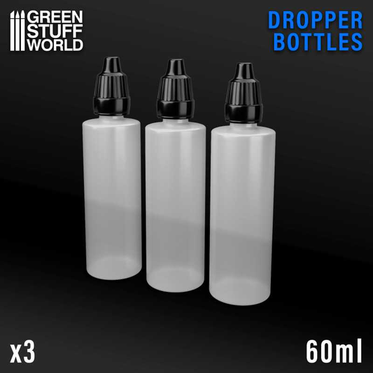 60ml Dropper Bottles 3 Pack by Green Stuff World a pack of three refillable plastic bottle for your hobby needs. 