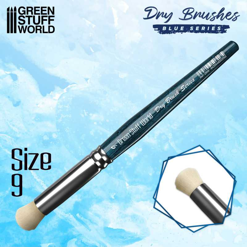 Dry Brush Size 9 Blue Series by Green Stuff World, a soft and thick bristled brush made for dry brushing effects.