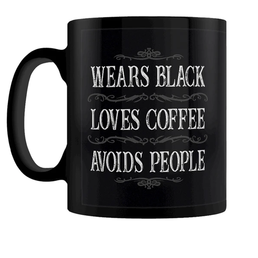 A black mug featuring the words ...