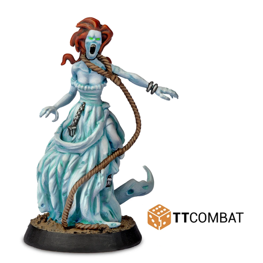 With a rope still around her neck and the remains of chains visible it is no wonder this Banshee looks so upset. A great  28mm scale resin miniature for your tabletop gaming from the fantasy heroes range by TT Combat. 