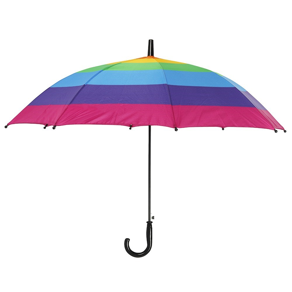 Umbrella with stripe rainbow design on the canopy, velcro strap closing and a curved handle