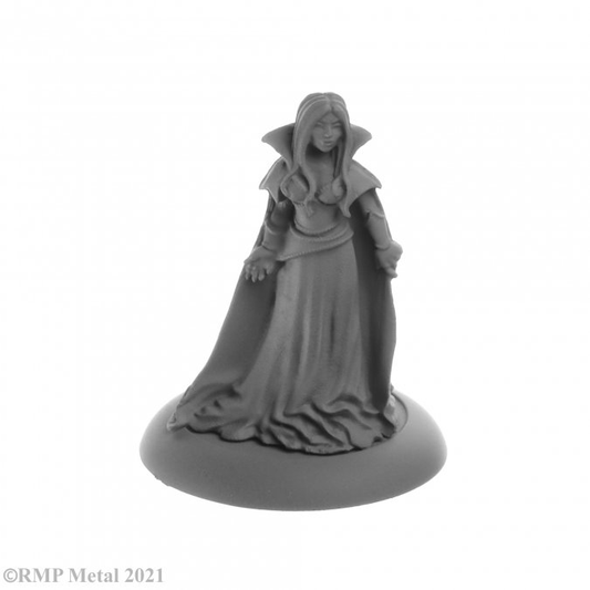 Adrasteia Winterhorn, Female Vampire from the Dark Heaven Legends metal range by Reaper Miniatures sculpted by Bobby Jackson. A lovely female vampire dressed in a long dress and cloak that gather on the floor,