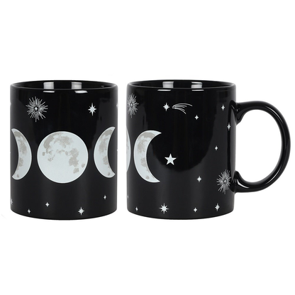 Black mug featuring the wiccan triple moon design.