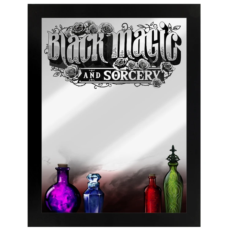 Framed Black Magic And Sorcery Mirrored Tin Sign with colourful bottles of potion along the bottom 