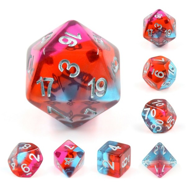 Aurora Savannah Sunrise Poly Dice Set, a set of rich cherry red, pink and blue stripe rainbow dice