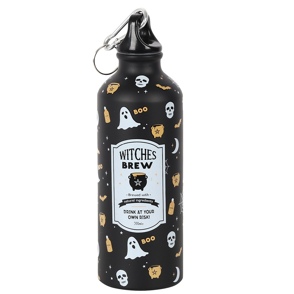 A black bottle with Halloween inspired decoration and 'Witches Brew' imitation label