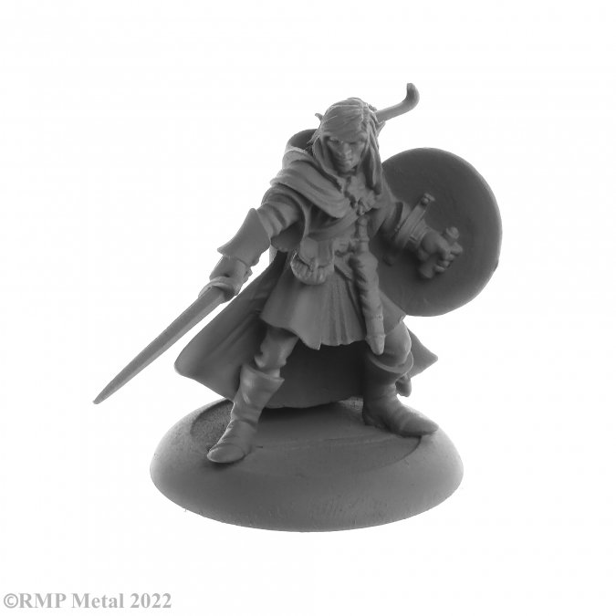 Mellonir Windrunner from the Dark Heaven Legends metal range by Reaper Miniatures sculpted by Bobby Jackson.  A metal miniature of an elf ranger holding a sword and a shield with a bow on his back