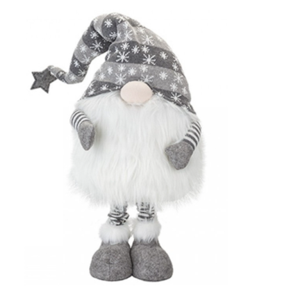 Grey Christmas gonk. posable grey stripe hat featuring snowflake design topped with a grey star, white beard, posable knitted striped arms, nose poking out 