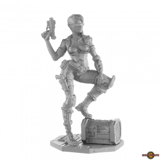 Scarlet Cyberist Dustrunner from the Chronoscope metal range by Reaper Miniatures sculpted by Gene Van Horne a 75mm scale miniature of a female cyberpunk, futuristic, pin up style figure with her leg up on a box and a pistol in one hand.