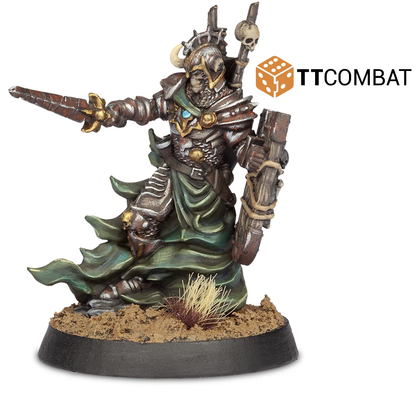 An armour clad wight lord holding a shield in one hand and a sword in the other. A 28mm scale resin miniature for your tabletop gaming from the fantasy heroes range by TT Combat. 