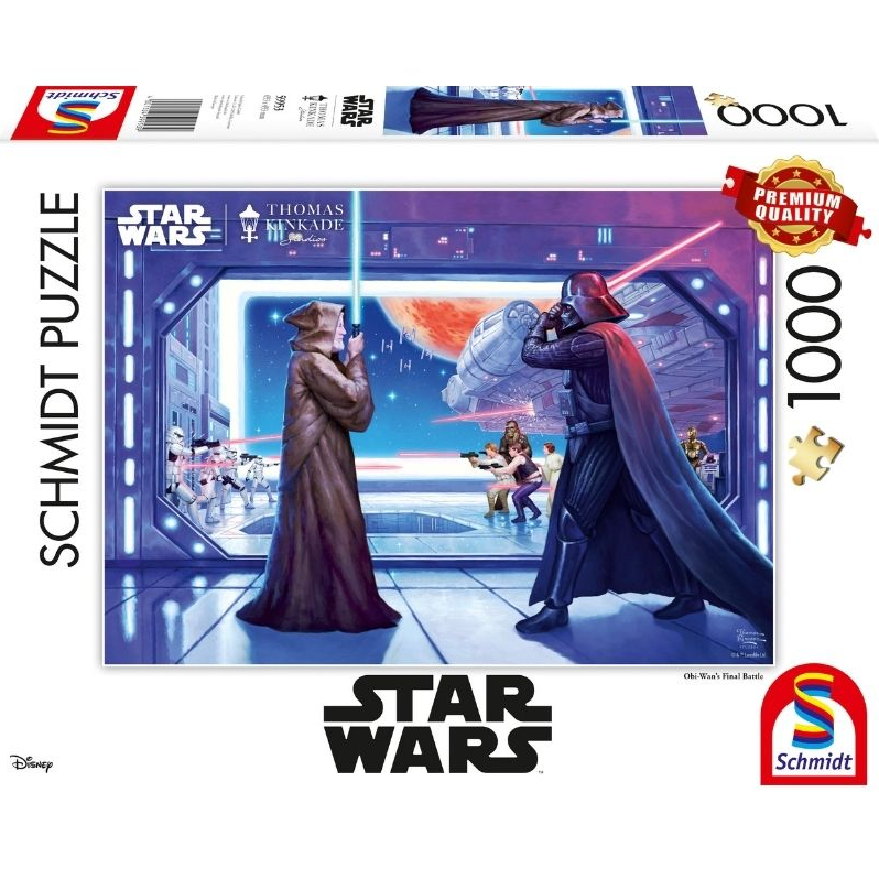 Star Wars Obi Wan’s Final Battle 1000 Piece Jigsaw Puzzle. A must have for any Star Wars fan this 1000 piece jigsaw puzzle captures the moment Obi Wan confronts Darth Vader as the battle rages on in the background in true Thomas Kinkade style