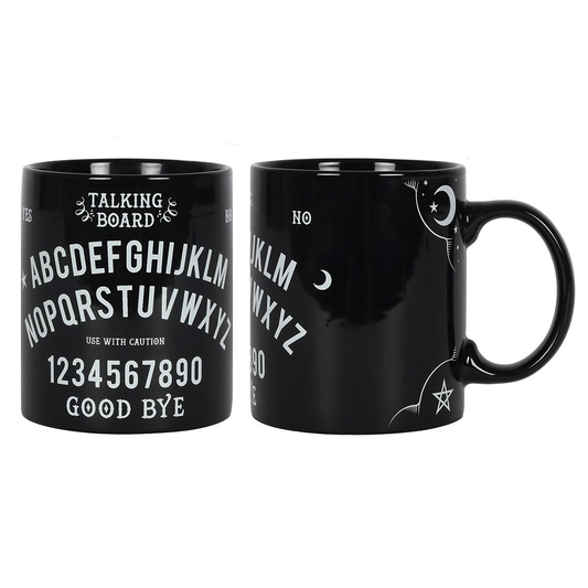 A ceramic black mug with white w...